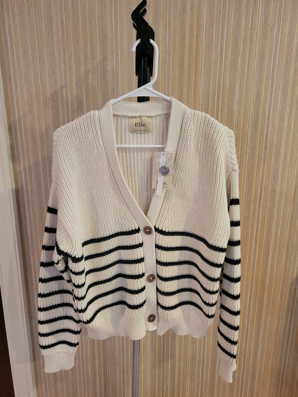 Elie Tahari Cream & Black Striped V-Neck Button Cardigan NWT XL